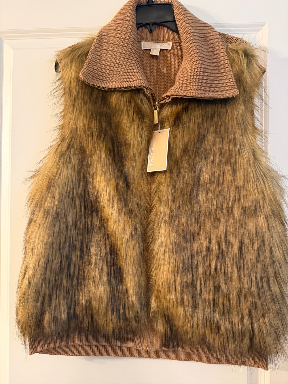 Michael Kors Brown Faux Fur Vest with Knit Collar